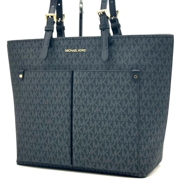 Michael Kors Jet Set Medium Pocket Tote Bag Black Signature - Picture 1 of 10